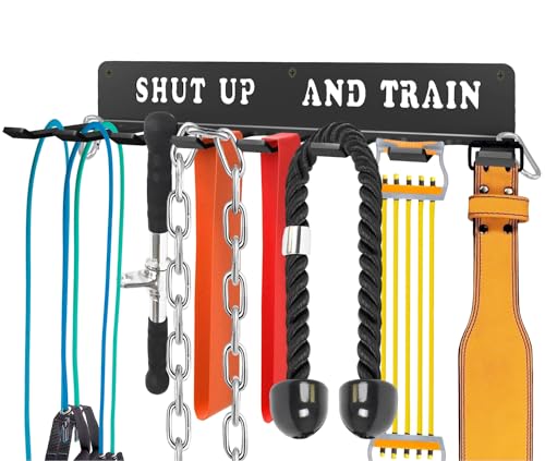 Black Rack 8 Hooks Metal Heavy-gauge Workout Rack Wall Mount Organizer Multi-Purpose Workout Gear Storage for Sports Gears Barbells Lifting Belt Fitness Band Carabiners Included With Uplifting Words