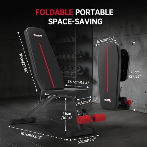 PASYOU Adjustable Weight Bench, Foldable Workout Bench for Home Gym, Support 90°Strength Training Bench for Full Body Workout with Fast Folding, 9-Level Backrest Position 2-Level Foot Support Folding