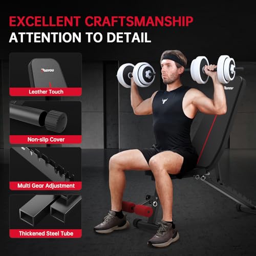 PASYOU Adjustable Weight Bench, Foldable Workout Bench for Home Gym, Support 90°Strength Training Bench for Full Body Workout with Fast Folding, 9-Level Backrest Position 2-Level Foot Support Folding