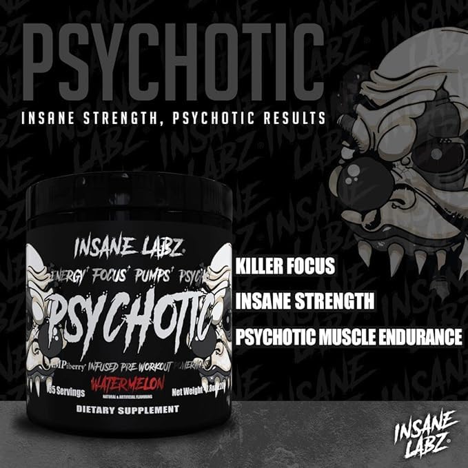 Insane Labz Psychotic Black Edition Mid Stimulant Pre Workout Powder, Energy Focus Pumps, Loaded with Creatine Beta Alanine Taurine Fueled by AMPiberry, Variety 30 Servings