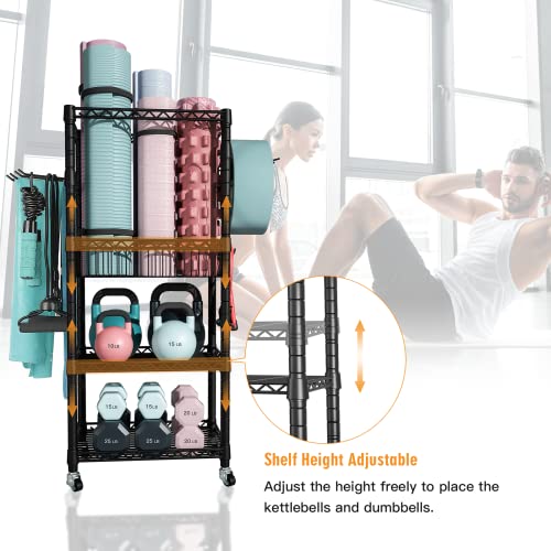 FUTASSI S1 Home Gym Storage, 3-Tier Workout Equipment Organizer with Wheels for Yoga Mats, Foam Roller, Dumbbells, Kettlebells, and Resistance Bands, 47.4" H x 27.5" L x 11.8" D, Black
