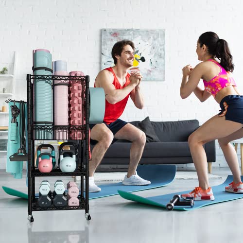 FUTASSI S1 Home Gym Storage, 3-Tier Workout Equipment Organizer with Wheels for Yoga Mats, Foam Roller, Dumbbells, Kettlebells, and Resistance Bands, 47.4" H x 27.5" L x 11.8" D, Black