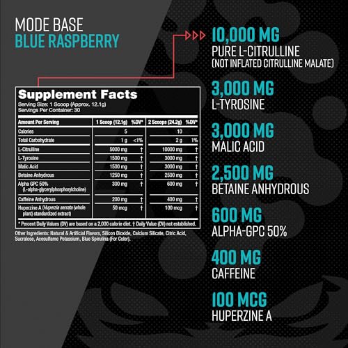 Gorilla Mind Base Pre Workout - Raises Nitric Oxide Intense Focus & Drive Endurance Power - L-Citrulline, L-Tyrosine, Betaine, Alpha-GPC, Caffeine, Huperzine A - 360 Grams (Blue Raspberry)