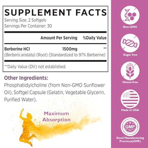 Liposomal Berberine Supplement 1500mg - Third Party Tested, High Bioavailability Berberine HCL Capsules for Women and Men, AMPK Activator for Cardiovascular Health, Sugar-Free, Non-GMO,120 Softgels
