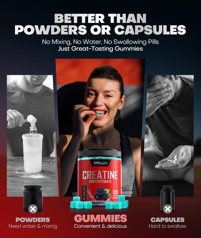 Dralot 99.99% Creatine Monohydrate Gummies More 15% Strength, 5X Energy & Muscle Support Pre-Workout Complex Creatine for Women & Men with 5000mg Creatine, L-Taurine, B12, Mg and K, Vegan