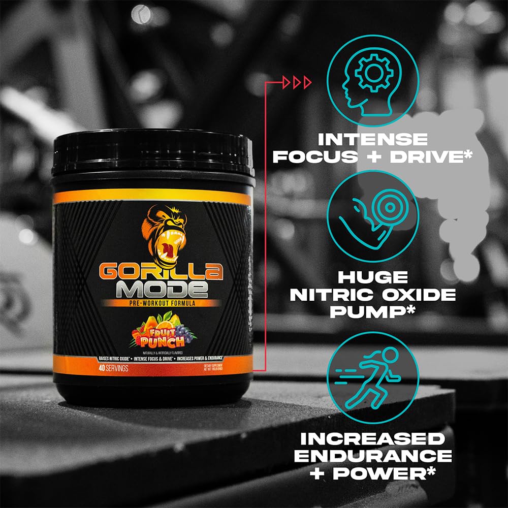 Gorilla Mode Pre Workout - Massive Pumps · Laser Focus · Energy · Power - L-Citrulline, Creatine, L-Tyrosine, Betaine, Hydroprime®, Alpha-GPC, 400mg Caffeine, Huperzine A - 776g (Rainbow Sherbet)