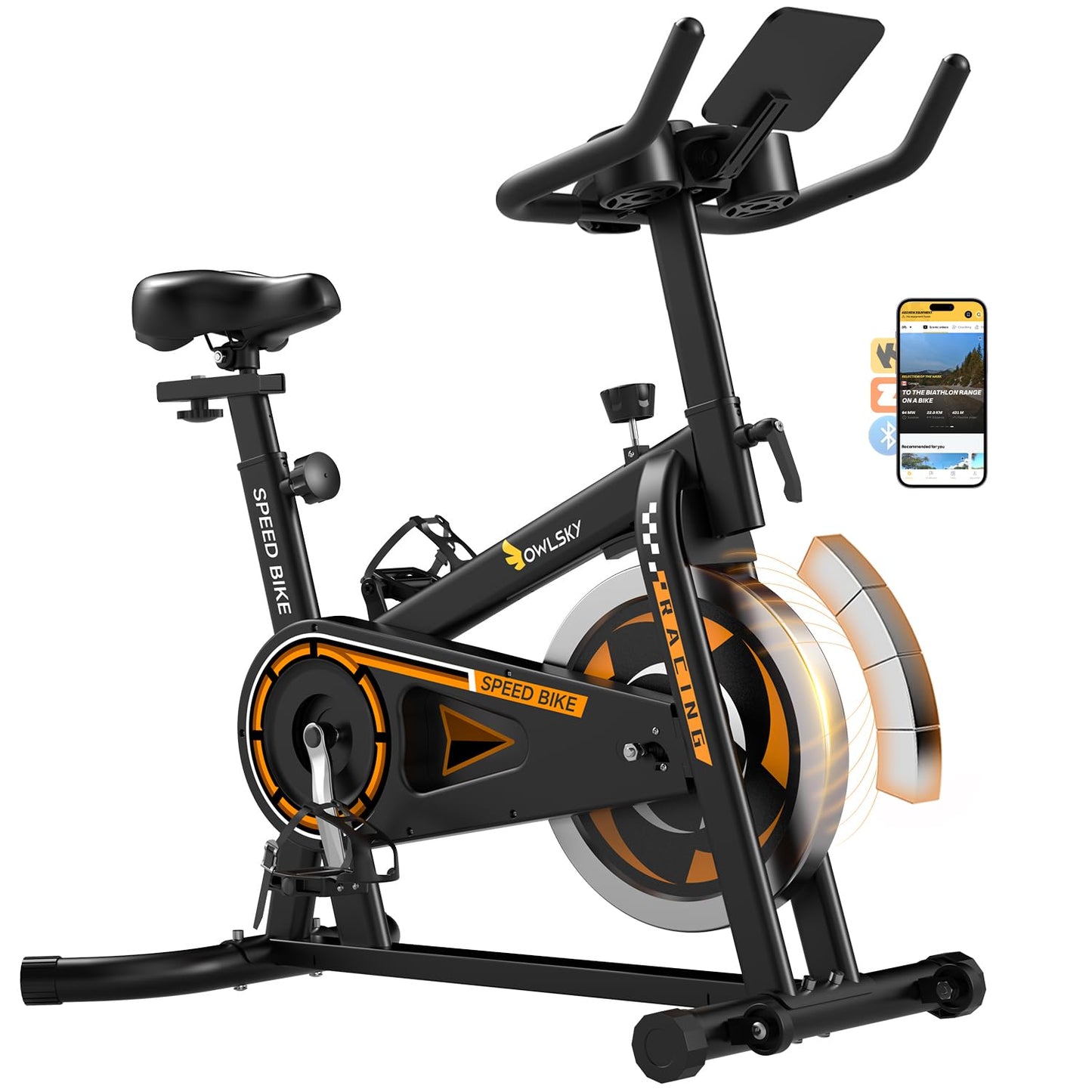 OWLSKY Exercise Bike with APP, Wool Felt Indoor Cycling Bike, 300 lbs Capacity Quiet Stationary Bike for Home Gym Cardio Workout, Adjustable Seat & Tablet Holder