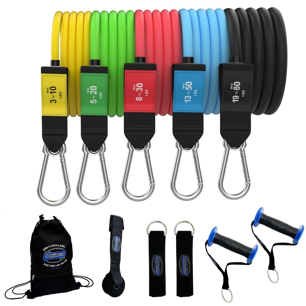 Bodylastics PRO Series Resistance Band Set - 5 Bands, Handles, Ankle Straps, Door Anchor, Carry Bag Heavy-Duty Stretch Exercise Bands-Patented Clips and Snap Reduction Tech (190 Lbs Max Resistance)