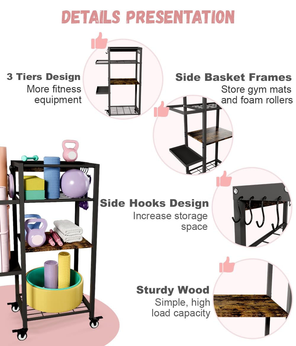 Ardier Yoga Mat Storage Rack with Wheels, 3 Tier Home Gym Workout Equipment Organizer for Dumbbells, Kettlebells, Foam Rollers