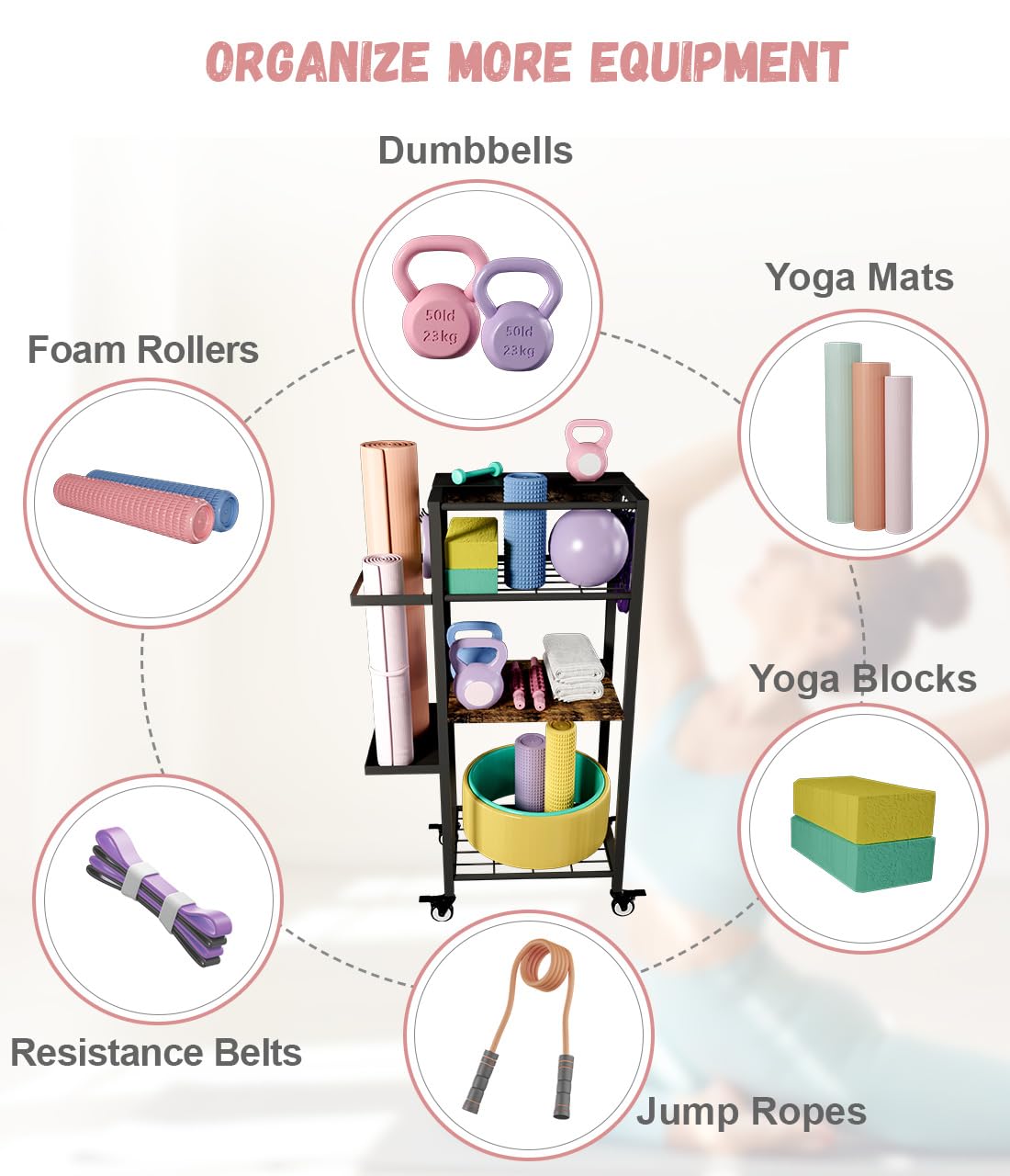 Ardier Yoga Mat Storage Rack with Wheels, 3 Tier Home Gym Workout Equipment Organizer for Dumbbells, Kettlebells, Foam Rollers