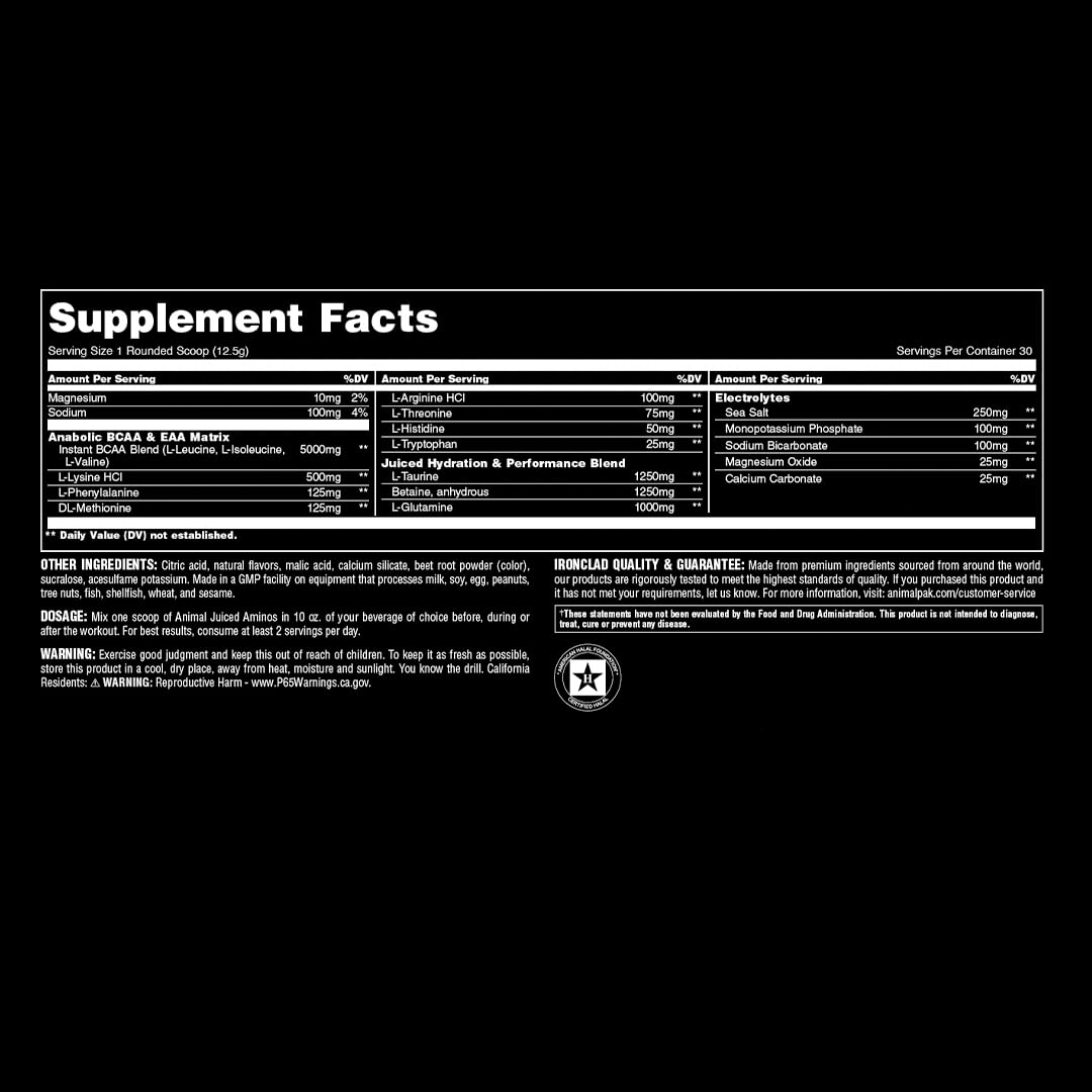 Animal Juiced Amino Acids - BCAA Powder EAA Matrix Plus Hydration with Electrolytes and Sea Salt Anytime Recovery and Improved Performance, Fruit Punch Flavor, 30 Servings