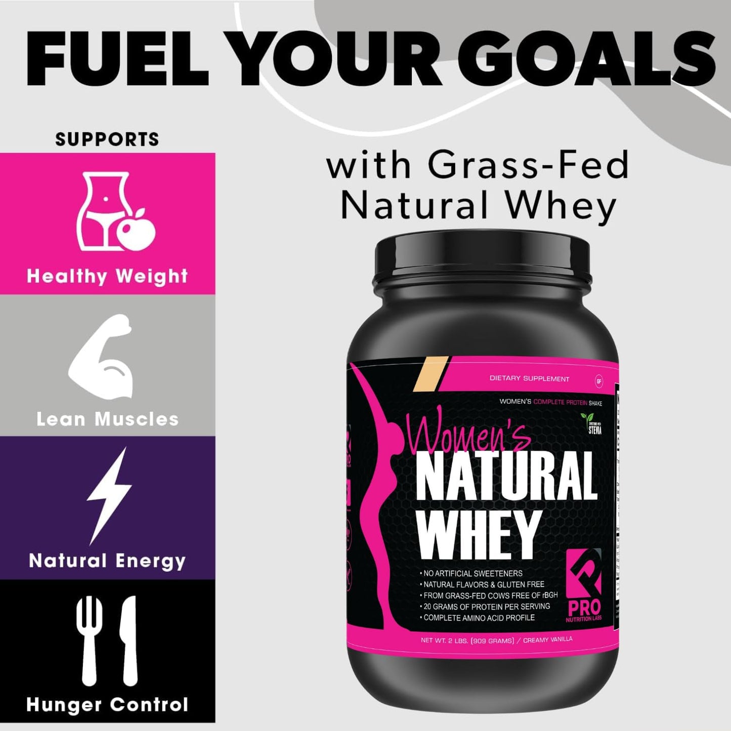 PRO NUTRITION LABS Whey Protein Powder for Women Vanilla Powder - Low Carb Gluten-Free Grass-Fed rBGH-Free - Supports Weight Loss - Natural Stevia Sweetened Protein Shake, 20g (Creamy Vanilla, 2lb)