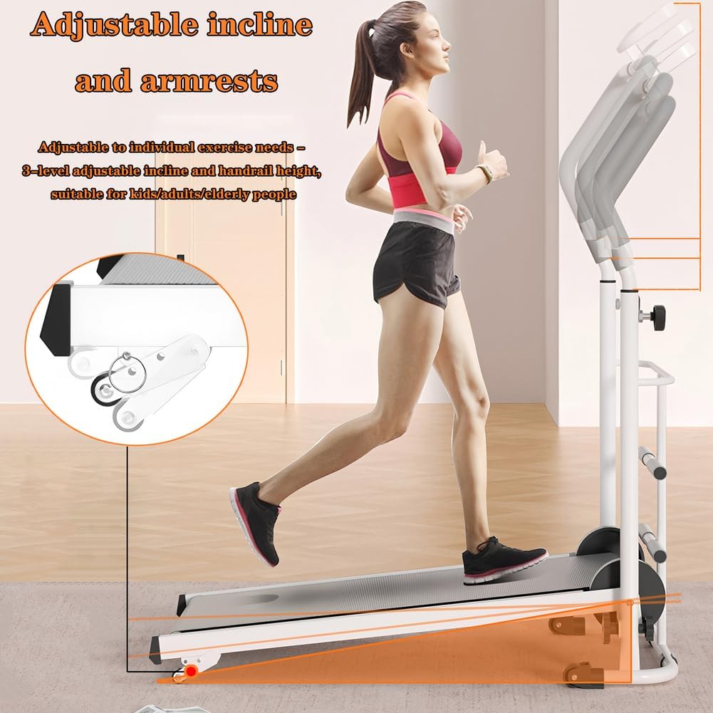 Portable Folding Walking Pad Treadmill with Incline & Handle Bar - Compact Non-Electric Mini Running Machine for Home, Ideal for Kids, Adults & Elderly in Small Spaces