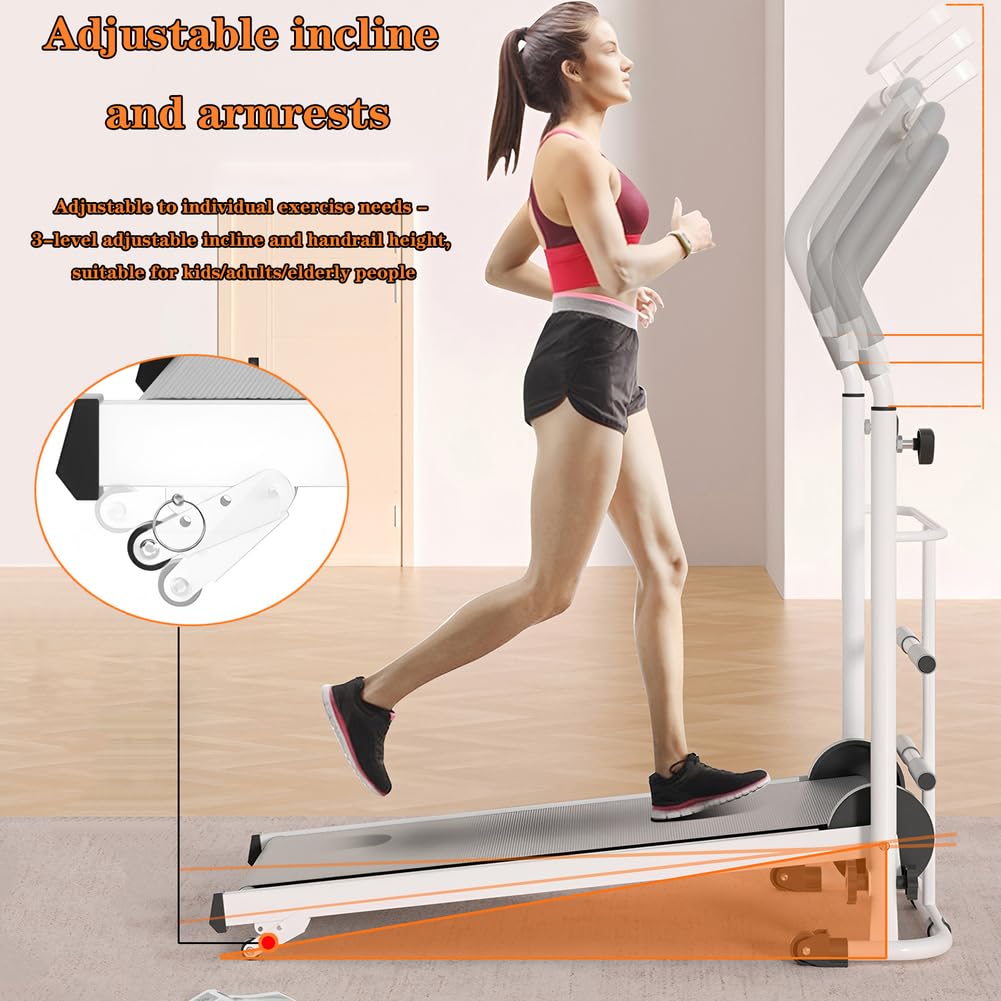 Portable Folding Walking Pad Treadmill with Incline & Handle Bar - Compact Non-Electric Mini Running Machine for Home, Ideal for Kids, Adults & Elderly in Small Spaces