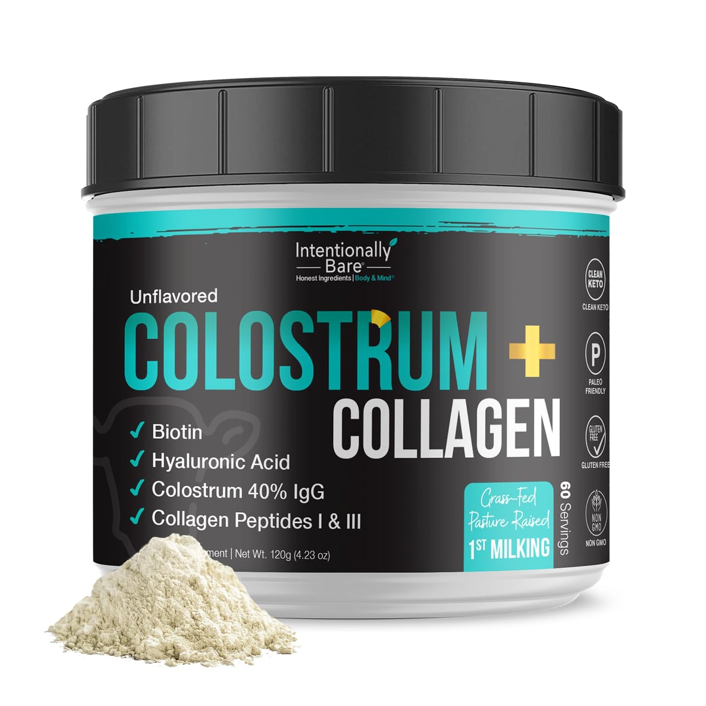 Intentionally Bare Colostrum and Collagen Powder - Grass-Fed Colostrum Powder with Biotin and Hyaluronic Acid - Unflavored Collagen Powder for Skin, Immunity, Joint and Gut Health - 60 Servings