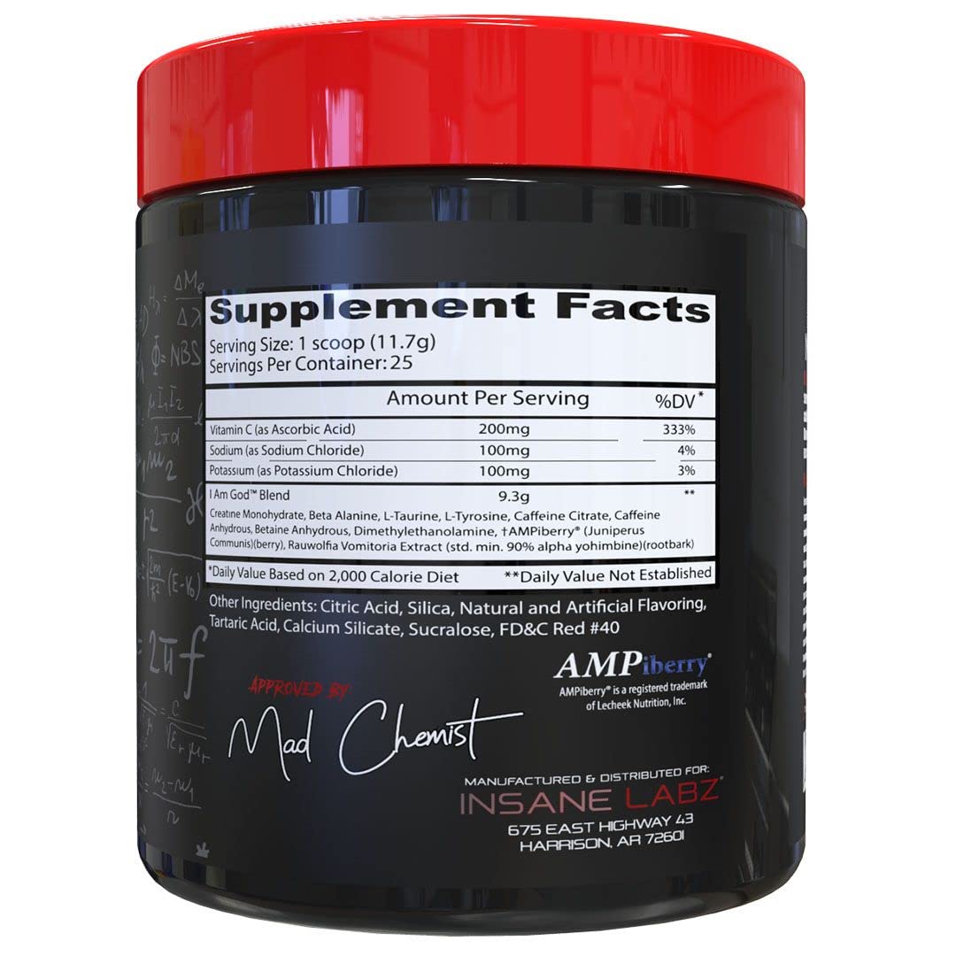 Insane Labz I am God Pre Workout, High Stim Pre Workout Powder Loaded with Creatine and DMAE Bitartrate Fueled by AMPiberry, Energy Focus Endurance Muscle Growth,25 Srvgs, Fruit Punch