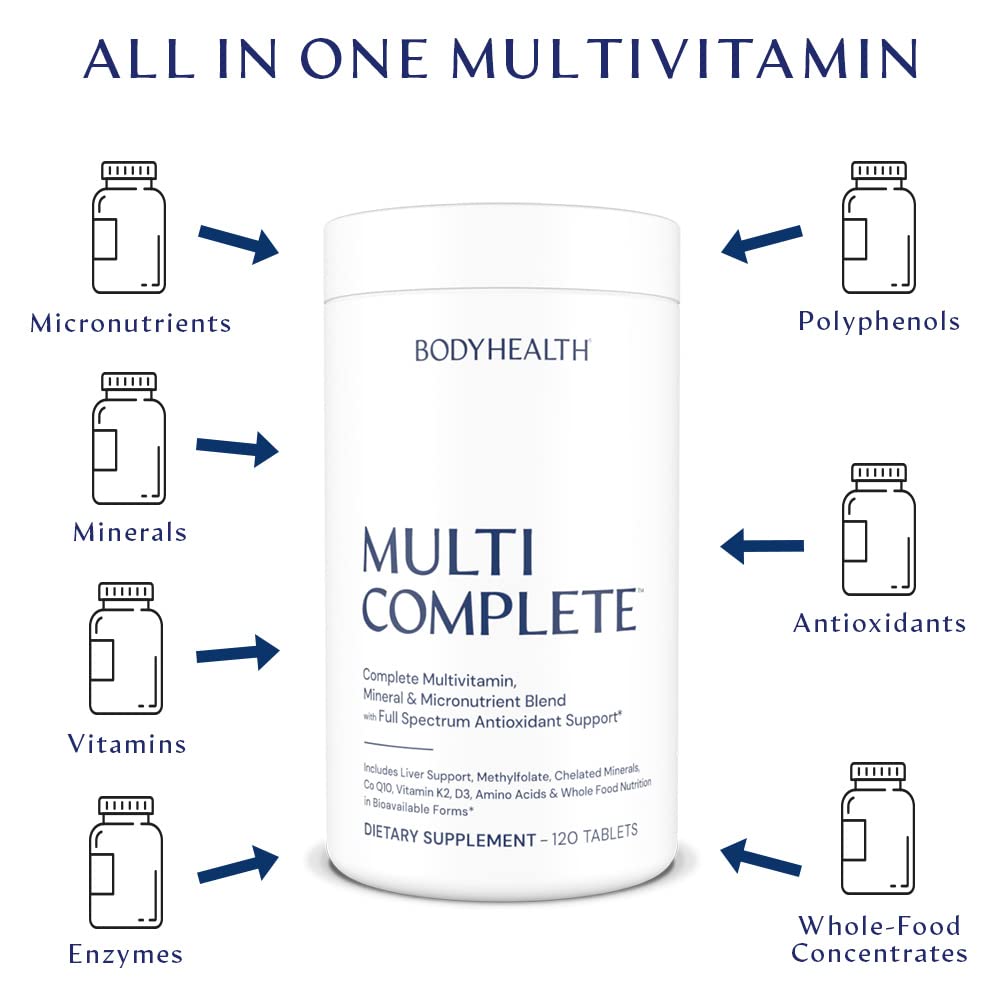BodyHealth Multi Complete (120 Ct) Daily Multivitamin for Men and Women with Whole Foods, Minerals, Antioxidants, Organic Green Food Concentrates, and Liver Detox Extracts, Vegan and Non GMO