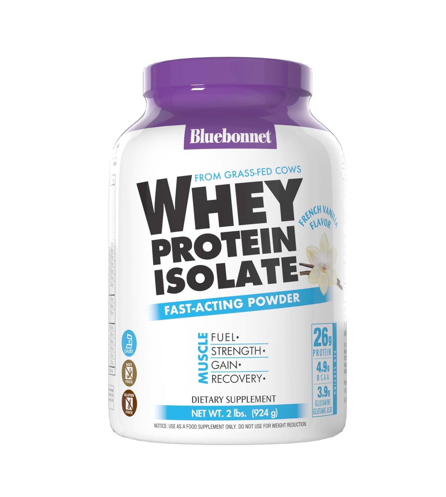 BlueBonnet Nutrition Whey Protein Isolate Powder From Grass Fed Cows, 26g of Protein, No Sugar Added, Gluten & Soy free, kosher Dairy, 2 Lbs, 28 Servings, French Vanilla Flavor