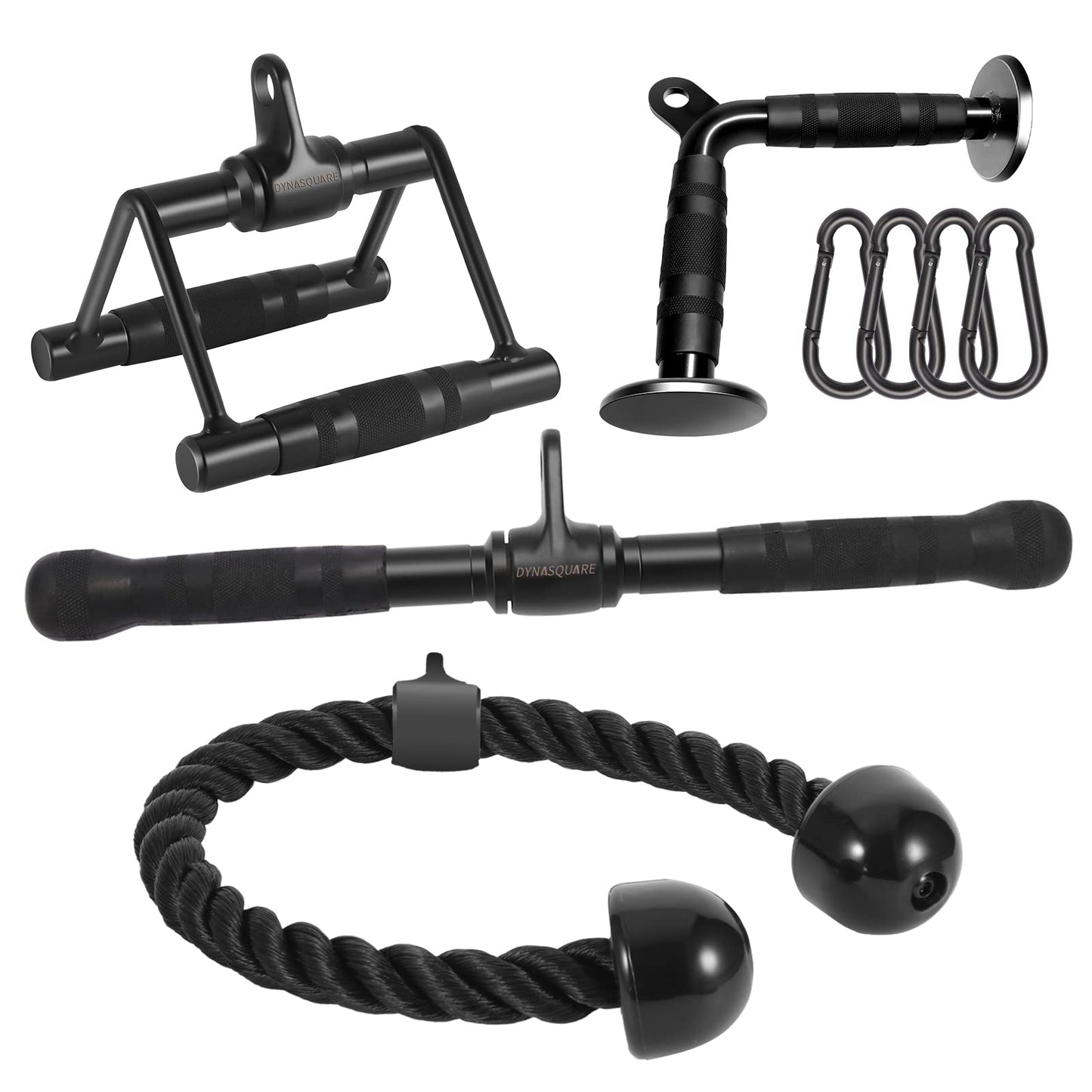 DYNASQUARE Cable Attachments for Home Gym, Made of Heavy Duty Solid Steel, LAT Pulldown Attachment, Weight Machine Accessories, Straight Pull Down Bar, Tricep Rope, Exercise & Double D Handle