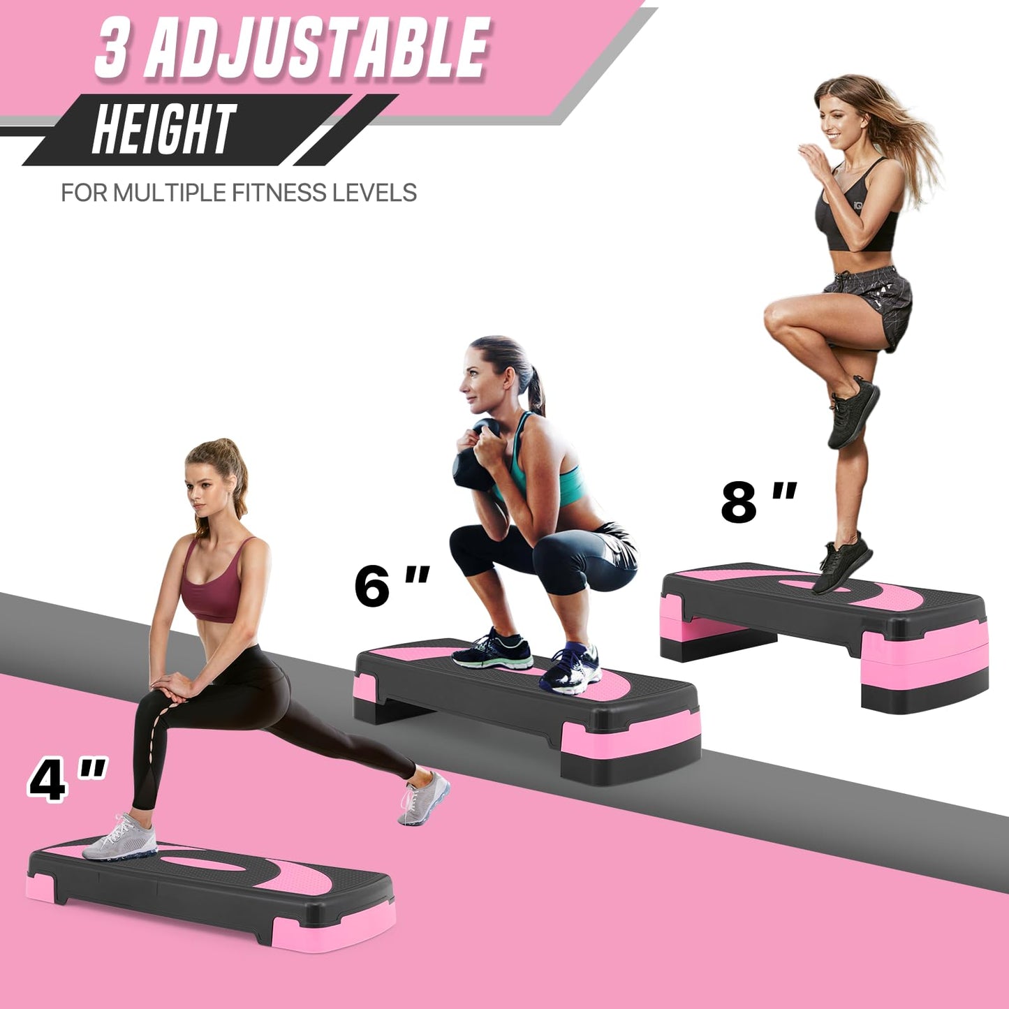 SFIHOME 31" Aerobic Exercise Step Platform, Step Up Exercise Platform with 4" 6" 8" Adjustable Risers, Stair Stepper Workout Stepper for Home Gym Strength Training Fitness Equipment, Pink