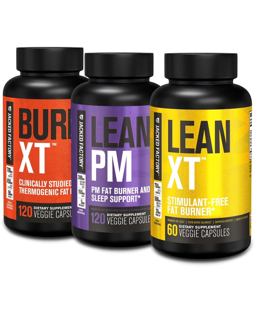 Jacked Factory Burn-XT Clinically Studied Thermogenic Fat Burner (120 Capsules), Lean PM Nighttime Fat Burner and Sleep Aid (120 Capsules), Lean-XT Caffeine-Free Weight Loss Supplement (60 Capsules)