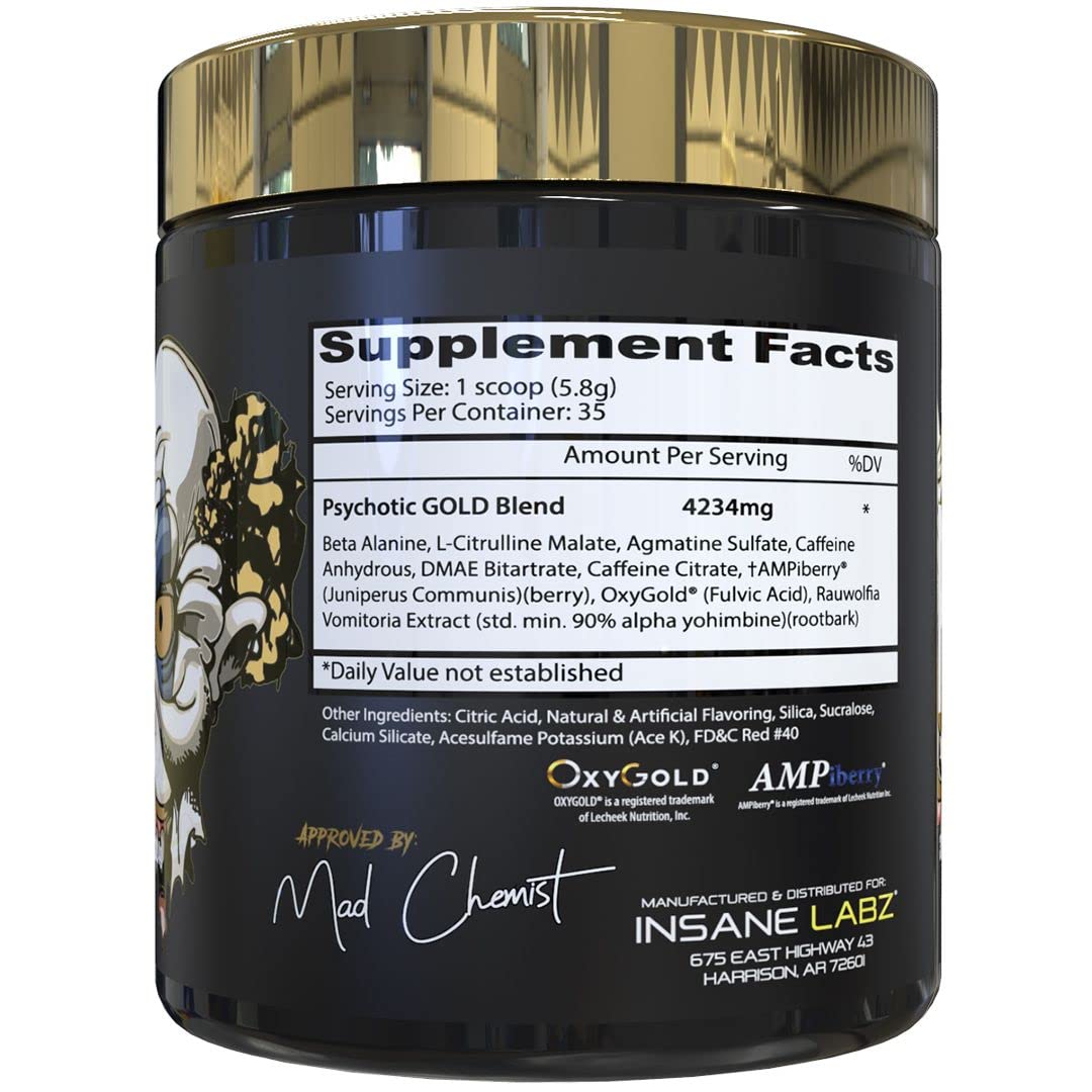 Insane Labz Psychotic Gold, High Stimulant Pre Workout Powder, Extreme Lasting Energy Focus, Pumps and Endurance with Beta Alanine, DMAE Bitartrate, NO Booster (35 Servings, Gummy Candy)