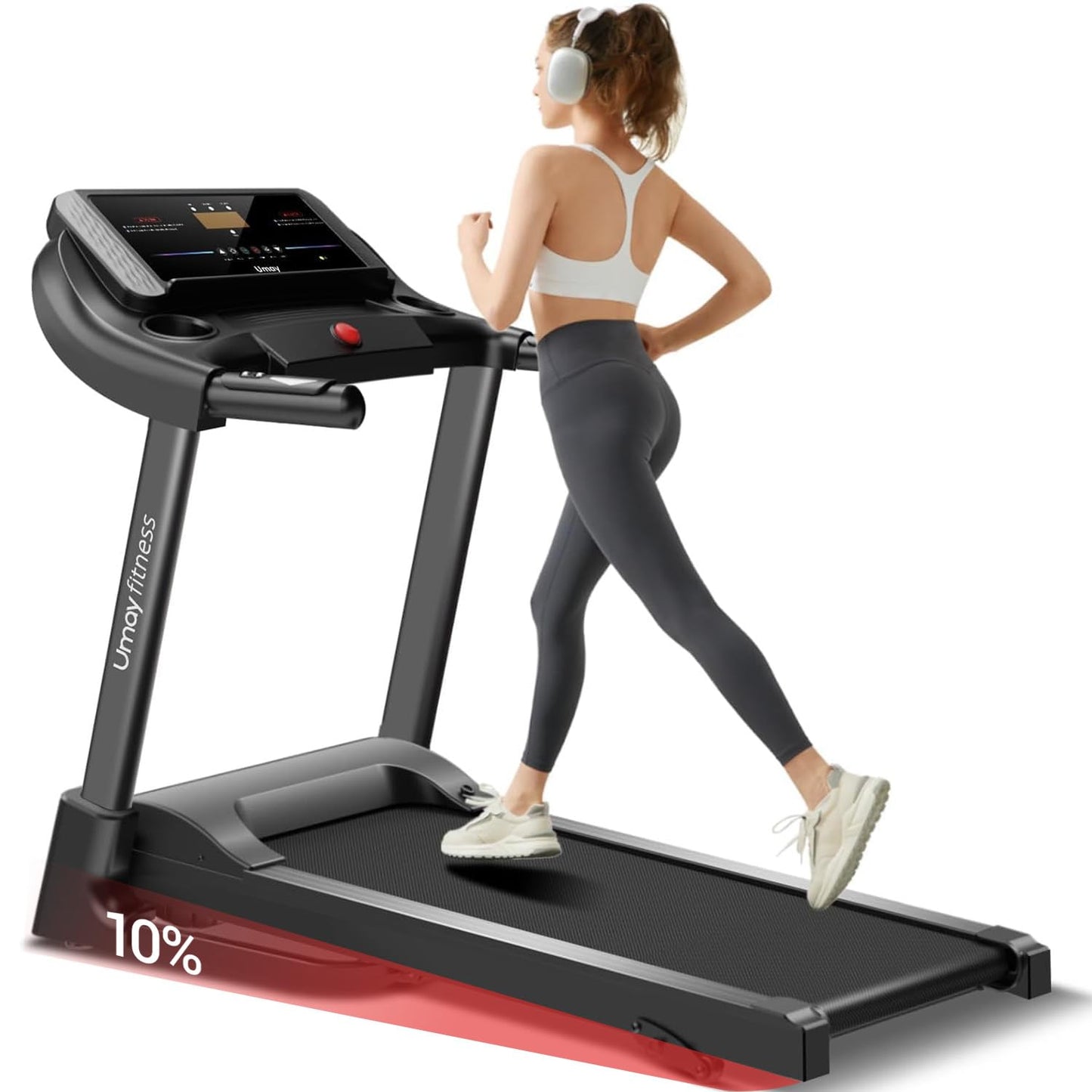 UMAY Fitness Home Folding Incline Treadmill with Pulse Sensors, 3.0 HP Quiet Brushless, 300 lbs Capacity (Black or Gray) (Black)
