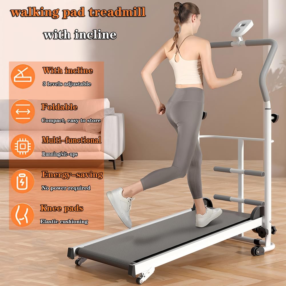 Portable Folding Walking Pad Treadmill with Incline & Handle Bar - Compact Non-Electric Mini Running Machine for Home, Ideal for Kids, Adults & Elderly in Small Spaces