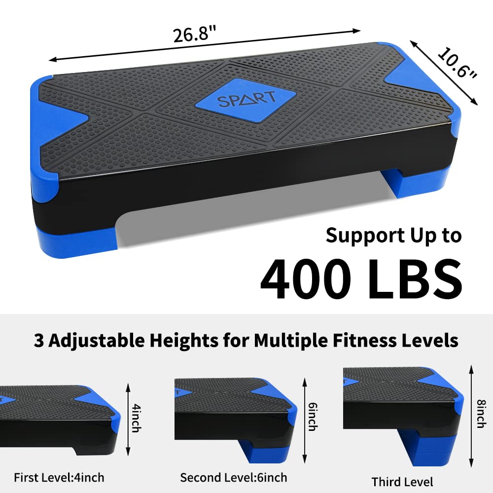 SPART Adjustable Workout Aerobic Stepper, Aerobic Exercise Step Platform with 4 Risers, 3 Levels Adjust 4" - 6" - 8", 26.77" Trainer Stepper with Non-Slip Surface For Home Gym Extra Risers