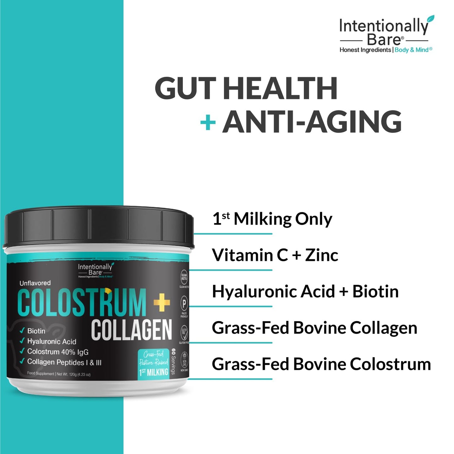 Intentionally Bare Colostrum and Collagen Powder - Grass-Fed Colostrum Powder with Biotin and Hyaluronic Acid - Unflavored Collagen Powder for Skin, Immunity, Joint and Gut Health - 60 Servings