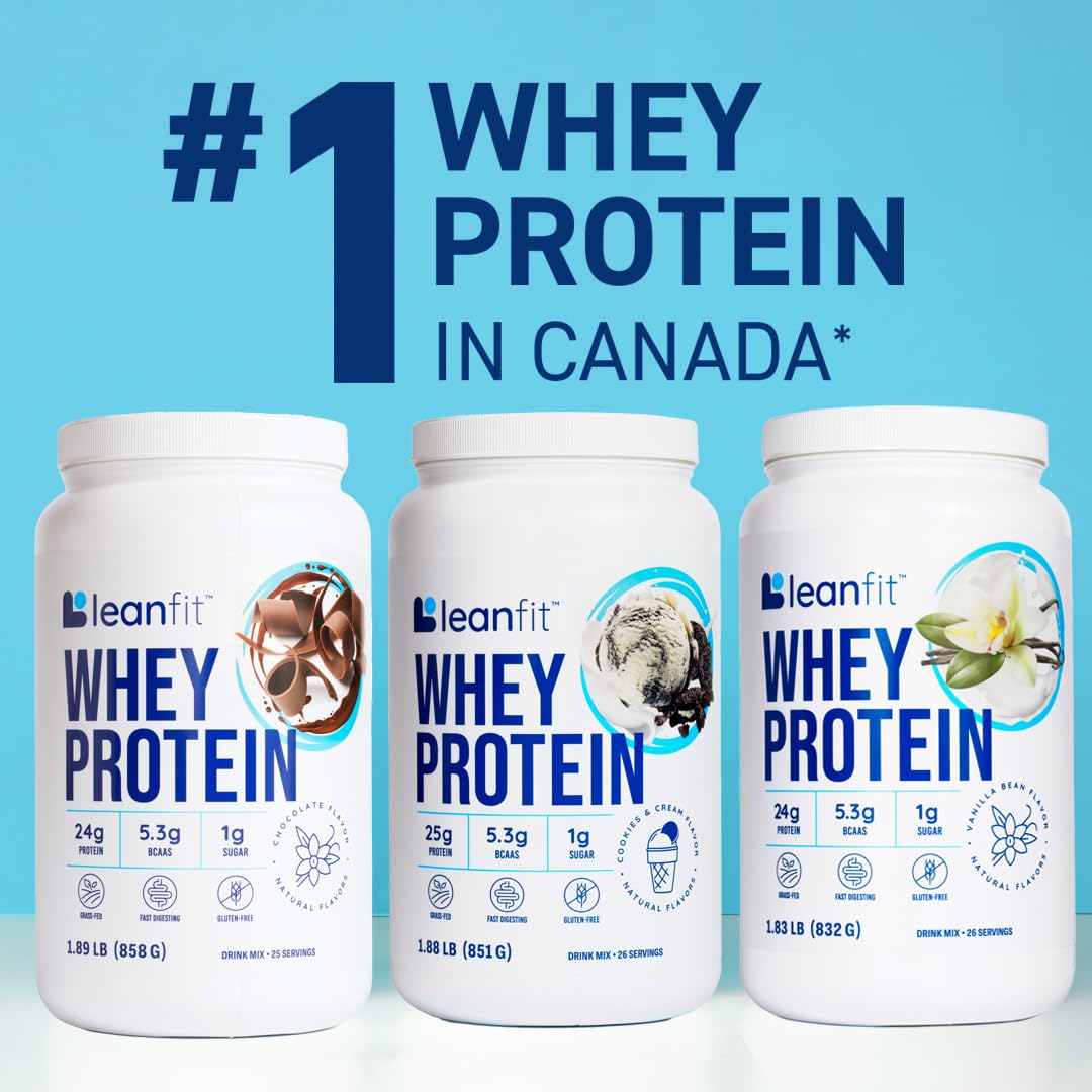 LeanFit WHEY Protein Cookies & Cream - 100% Whey Protein Powder, 25g Protein Per Serving - Grass-Fed, Gluten-Free, BCAAs, Amino Acid - 26 Servings, 1.88 lb Tub
