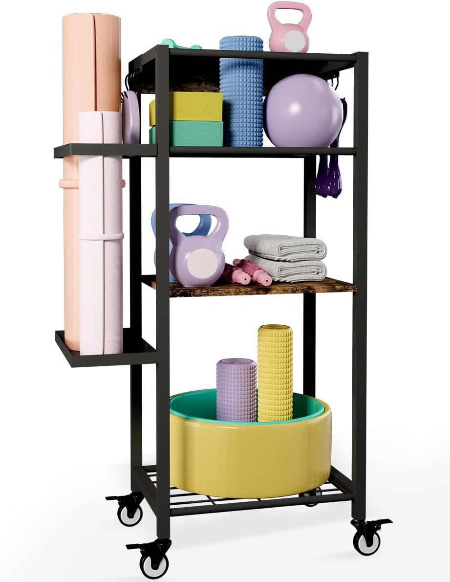 Ardier Yoga Mat Storage Rack with Wheels, 3 Tier Home Gym Workout Equipment Organizer for Dumbbells, Kettlebells, Foam Rollers