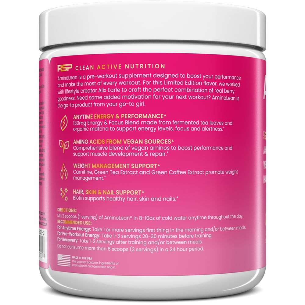 RSP NUTRITION AminoLean Pre Workout, Clean Energy with No Jitters, Tingles or Crash, Vegan Friendly with Added Biotin for Hair, Skin, Nails, Berry Elixir, 30 Servings