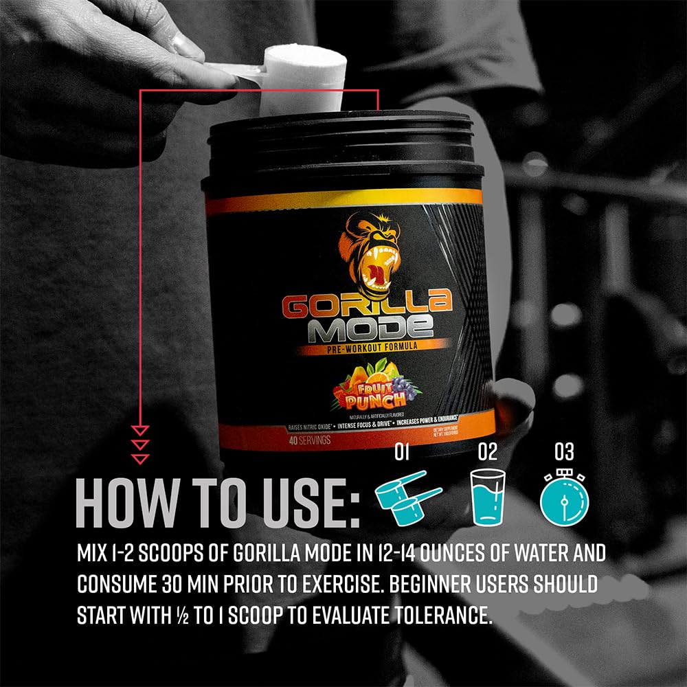 Gorilla Mode Pre Workout - Massive Pumps · Laser Focus · Energy · Power - L-Citrulline, Creatine, L-Tyrosine, Betaine, Hydroprime®, Alpha-GPC, 400mg Caffeine, Huperzine A - 776g (Rainbow Sherbet)
