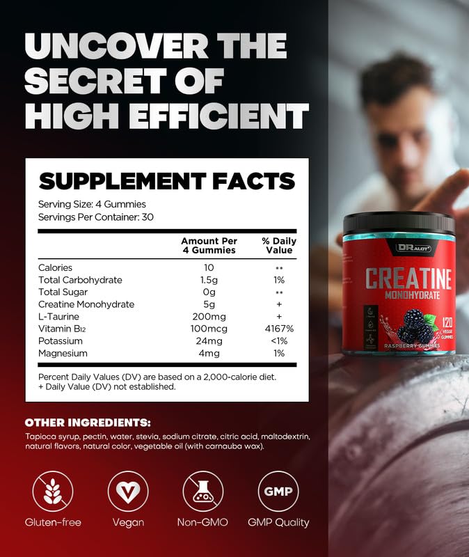 Dralot 99.99% Creatine Monohydrate Gummies More 15% Strength, 5X Energy & Muscle Support Pre-Workout Complex Creatine for Women & Men with 5000mg Creatine, L-Taurine, B12, Mg and K, Vegan