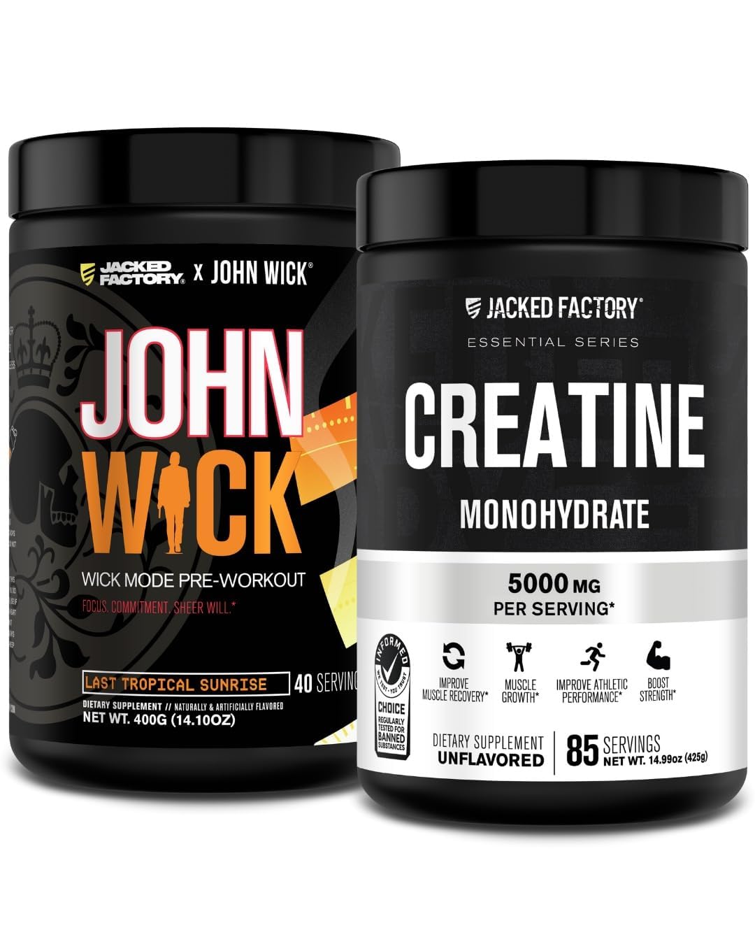 Jacked Factory X John Wick - Wick Mode Pre Workout Powder (Last Tropical Sunrise, 40 Servings) & Creatine Monohydrate Powder (Unflavored, 85 Servings)