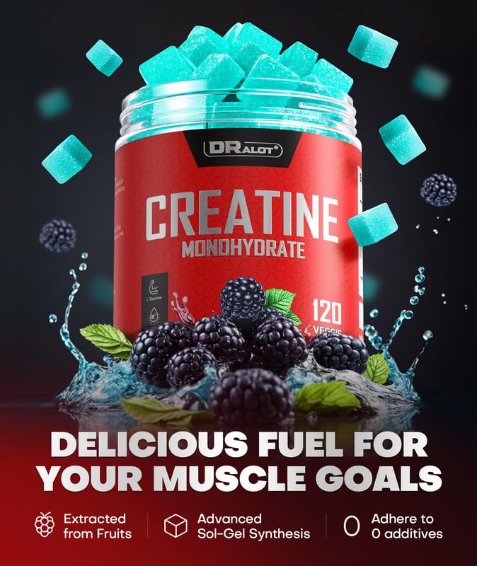 Dralot 99.99% Creatine Monohydrate Gummies More 15% Strength, 5X Energy & Muscle Support Pre-Workout Complex Creatine for Women & Men with 5000mg Creatine, L-Taurine, B12, Mg and K, Vegan
