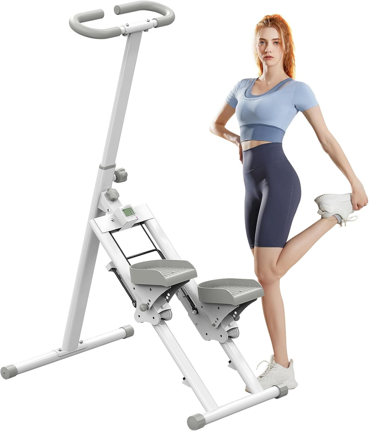 Healfith Stair Stepper for Home,Stair Climber Foldable,Large Pedal Vertical Climber Machine for Full-Body Workout,Steppers for Exercise at Home with 300LBS Loading Capacity (Single handrail-White)