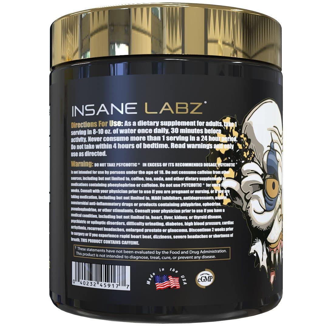 Insane Labz Psychotic Gold, High Stimulant Pre Workout Powder, Extreme Lasting Energy Focus, Pumps and Endurance with Beta Alanine, DMAE Bitartrate, NO Booster (35 Servings, Gummy Candy)
