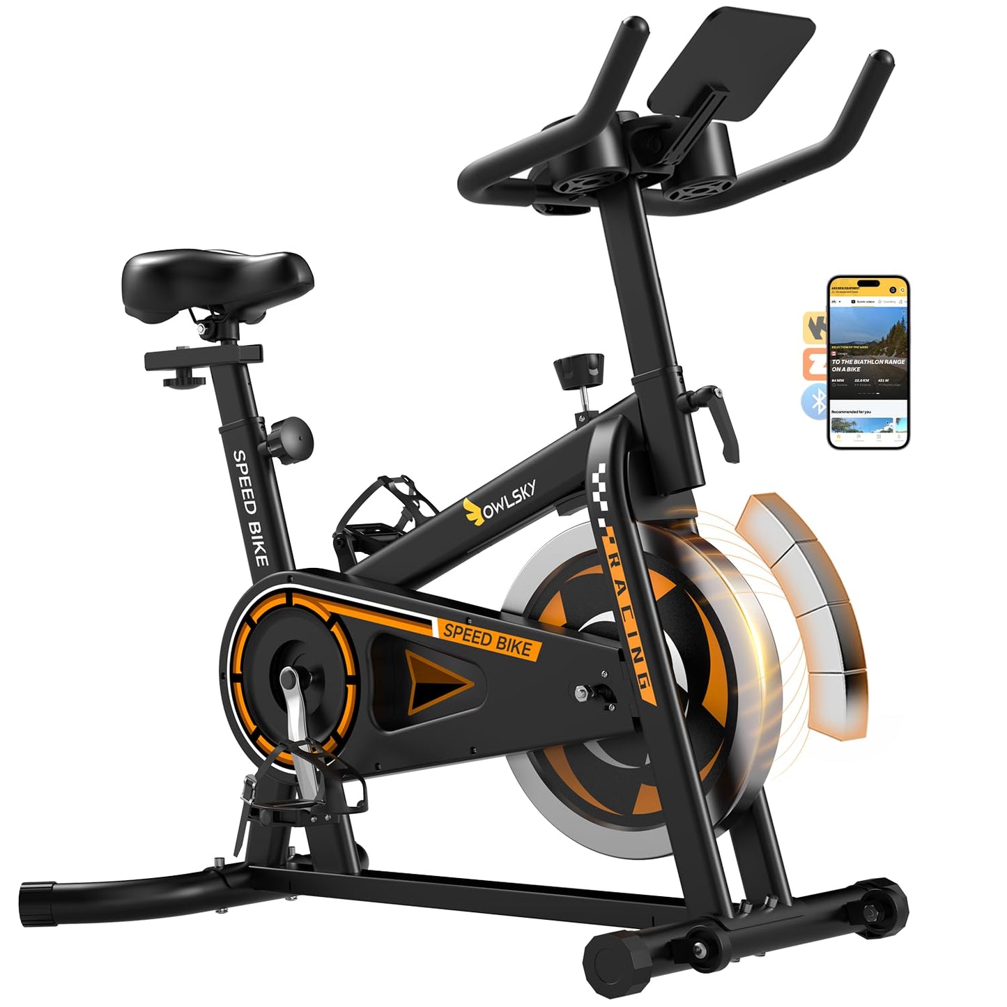 OWLSKY Exercise Bike with APP, Wool Felt Indoor Cycling Bike, 300 lbs Capacity Quiet Stationary Bike for Home Gym Cardio Workout, Adjustable Seat & Tablet Holder