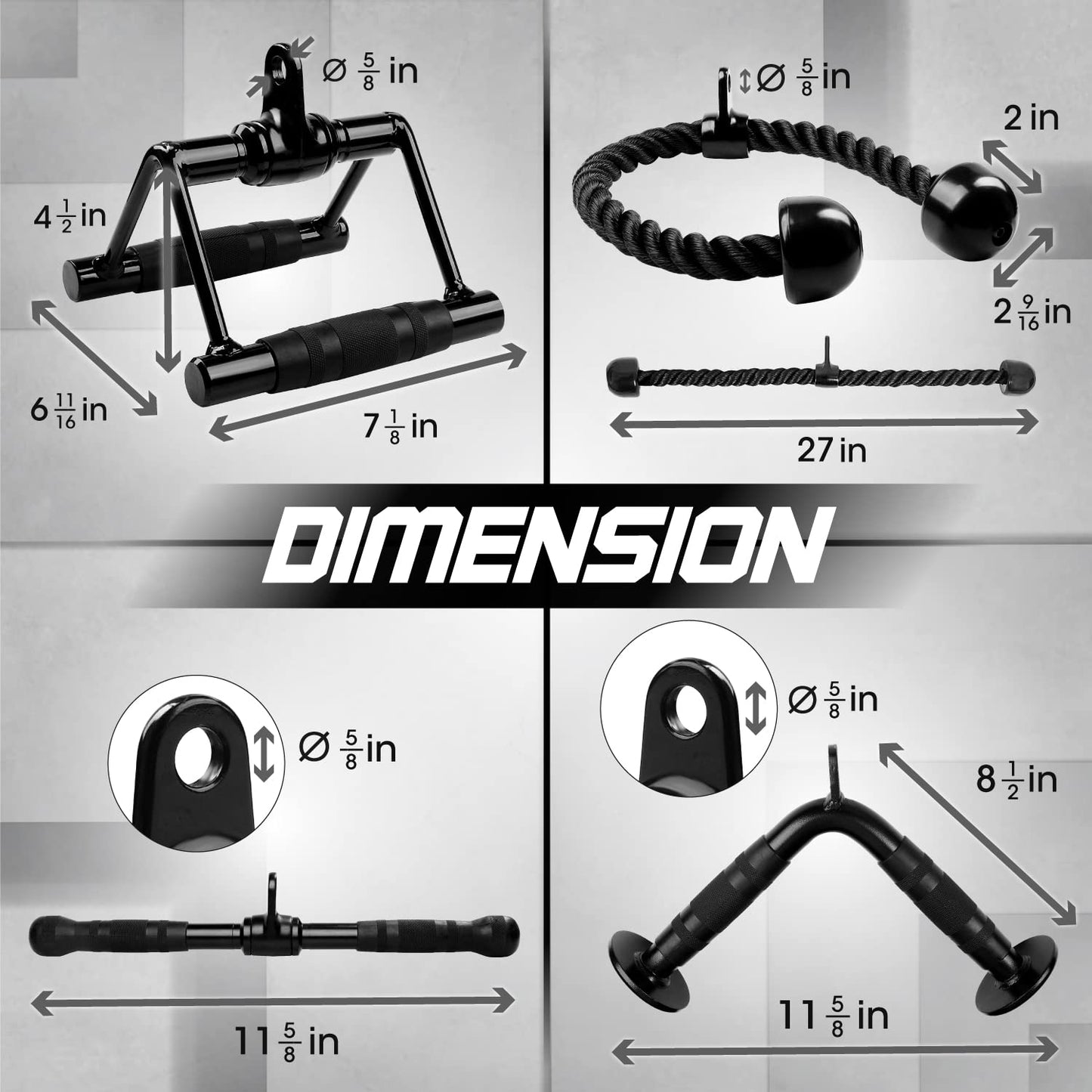 Yes4All Black Combo Tricep Pull Down Rope, Double D Handles, V-Shaped Bar & Rotating Pull Down Straight Bar, Tricep Press Down Cable Machine Attachment, LAT Pulldown Attachments for Home Gym Set