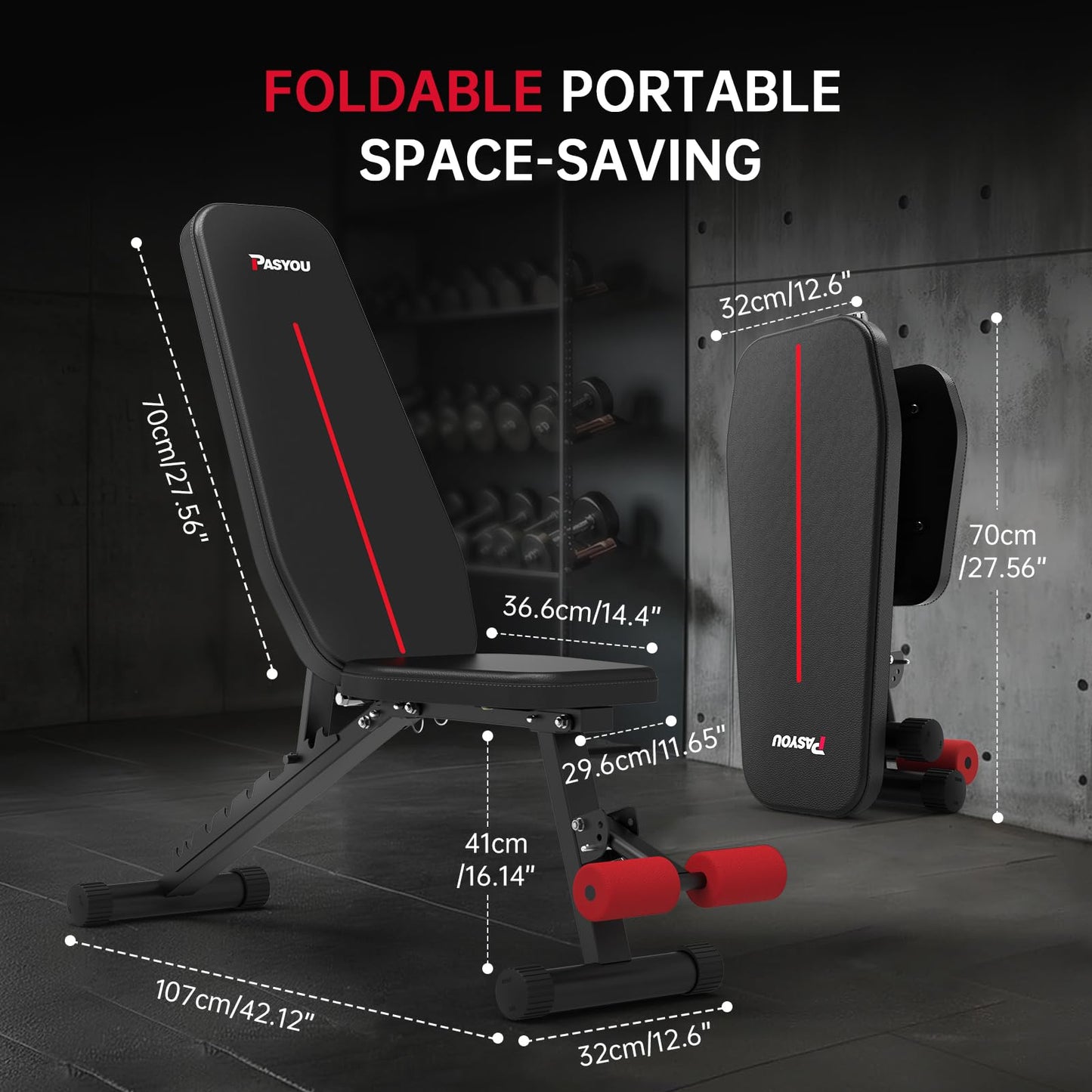 PASYOU Adjustable Weight Bench, Foldable Workout Bench for Home Gym, Support 90°Strength Training Bench for Full Body Workout with Fast Folding, 9-Level Backrest Position 2-Level Foot Support Folding