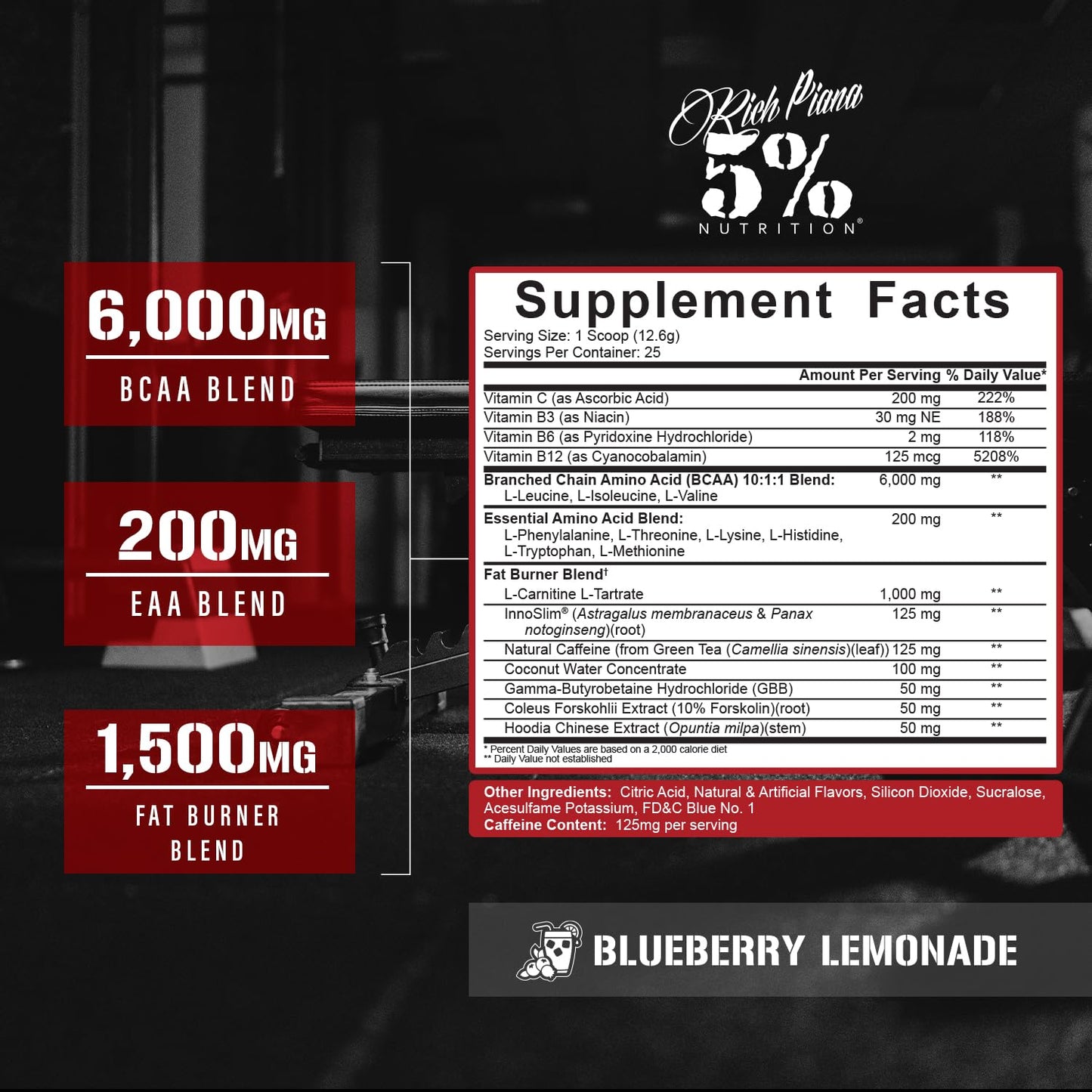 5% Nutrition Rich Piana AllDayYou Shred BCAA Powder | Amino Acid Supplement for Weight Loss | Elite Fat Burning Pre Workout for Energy, Hydration, Endurance & Recovery (Blueberry Lemonade)