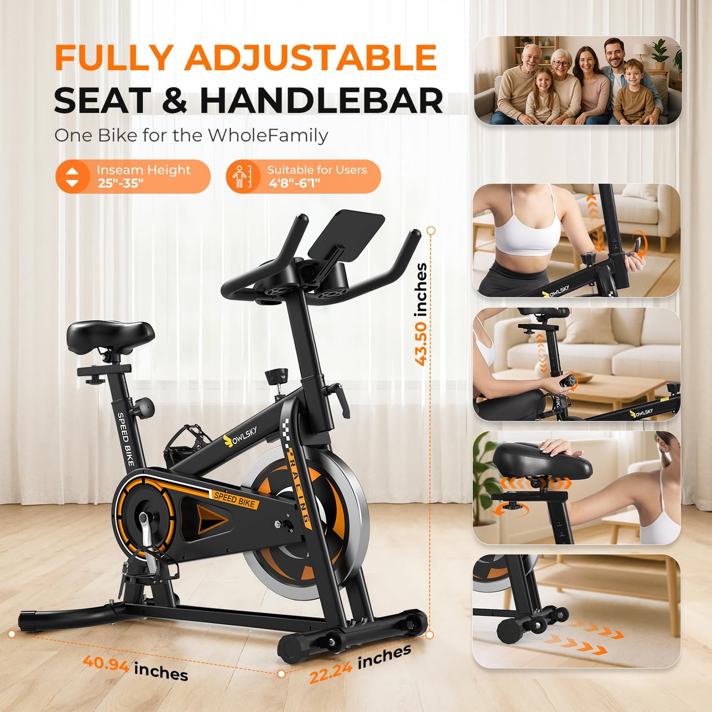 OWLSKY Exercise Bike with APP, Wool Felt Indoor Cycling Bike, 300 lbs Capacity Quiet Stationary Bike for Home Gym Cardio Workout, Adjustable Seat & Tablet Holder