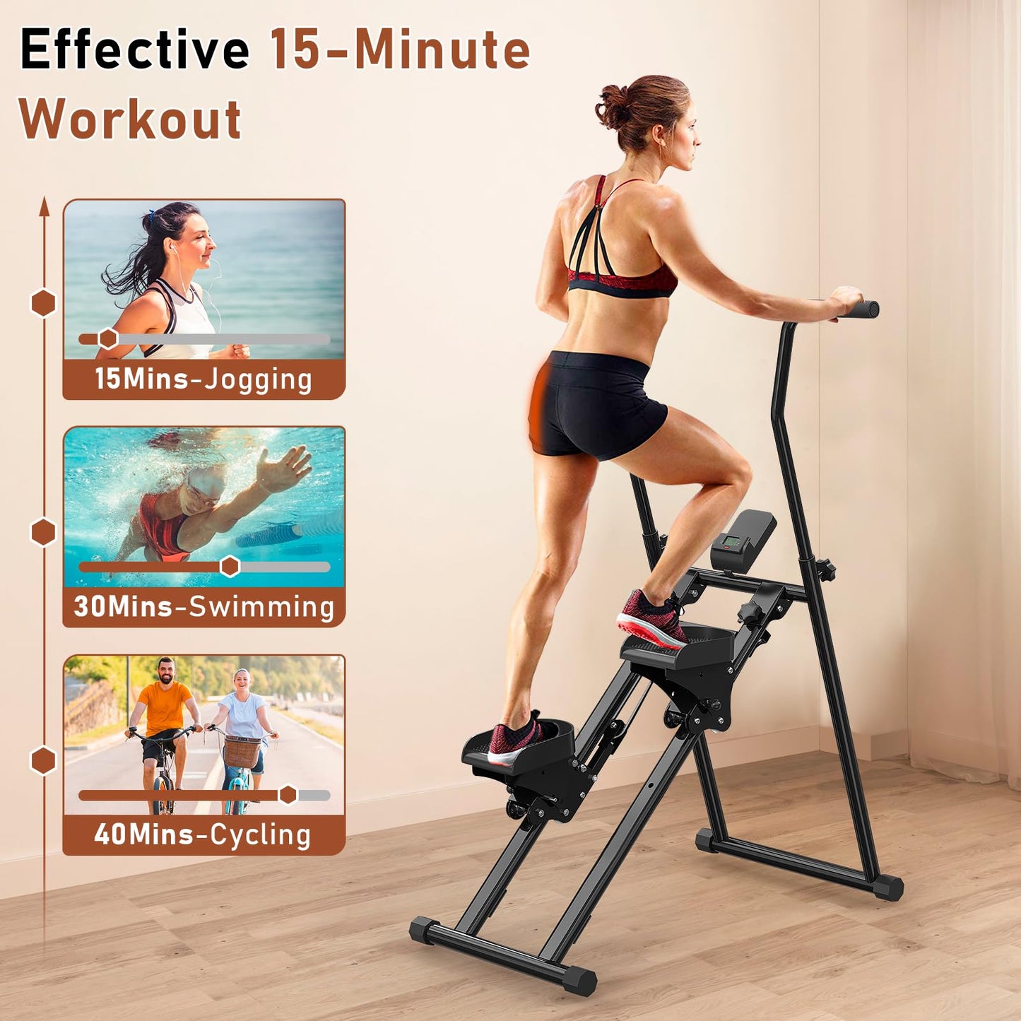 Healfith Stair Stepper for Home,Stair Climber Foldable,Large Pedal Vertical Climber Machine for Full-Body Workout,Steppers for Exercise at Home with 300LBS Loading Capacity (Double handrails-Black)