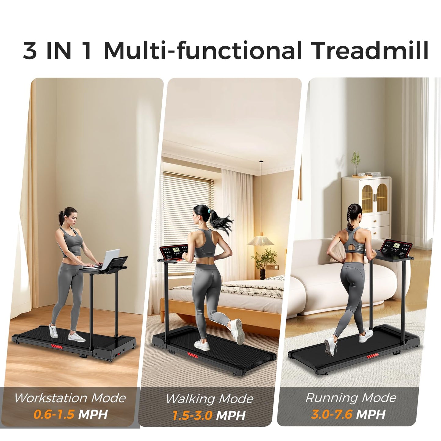Portable Treadmills for Home, Compact Treadmill with Handles, 3.0HP Electric Walking Pad Treadmill with Removable Desk Workstation, Running Machine for Home Office