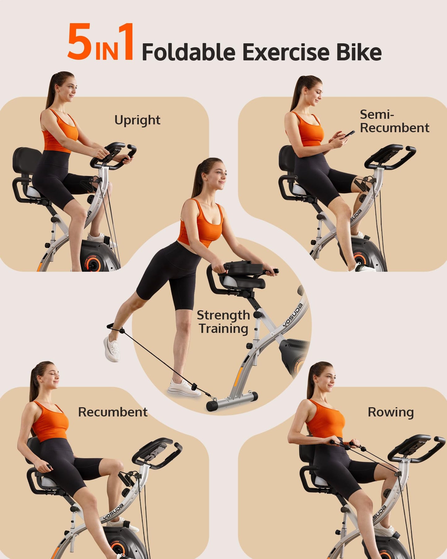 YOSUDA Exercise Bike, 5 in 1 Folding Exercise Bike for Seniors 330lbs Capacity, Magnetic X-Bike with 16-Level Resistance, Back Support Cushion for Home Gym Workout