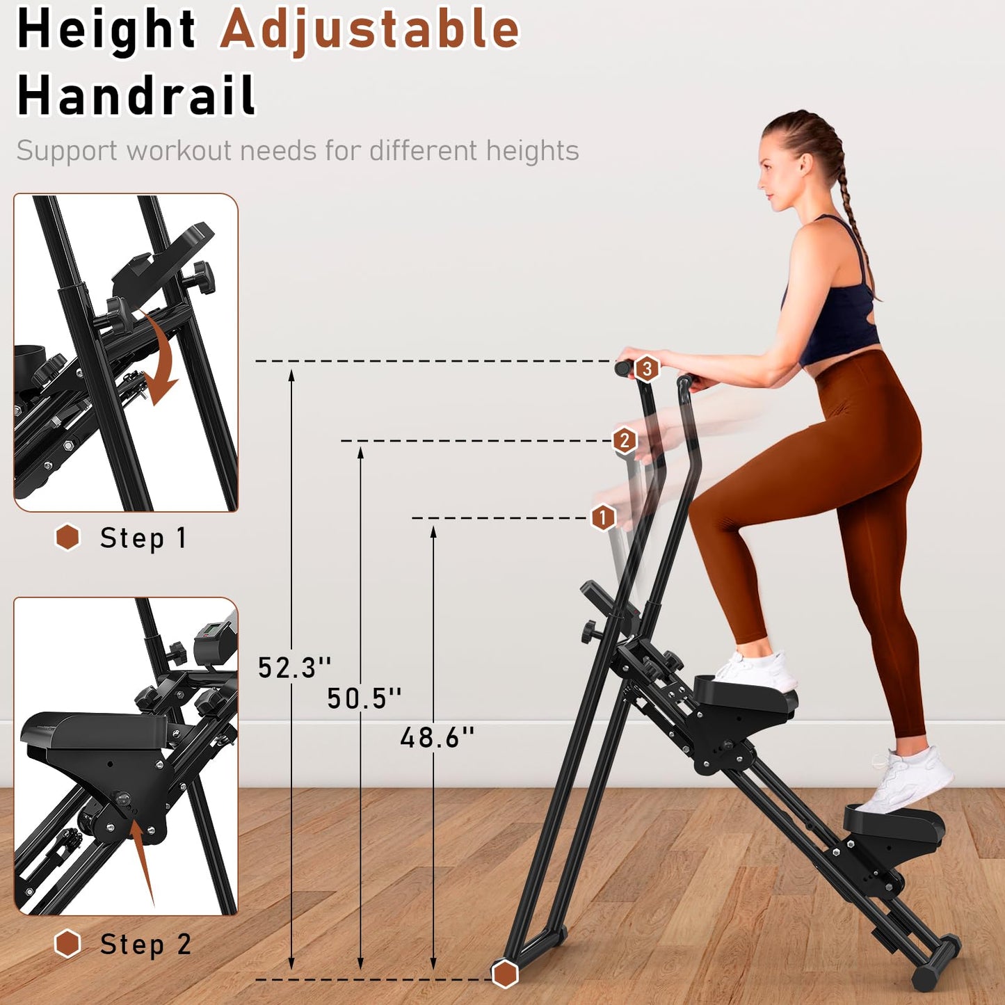 Healfith Stair Stepper for Home,Stair Climber Foldable,Large Pedal Vertical Climber Machine for Full-Body Workout,Steppers for Exercise at Home with 300LBS Loading Capacity (Double handrails-Black)