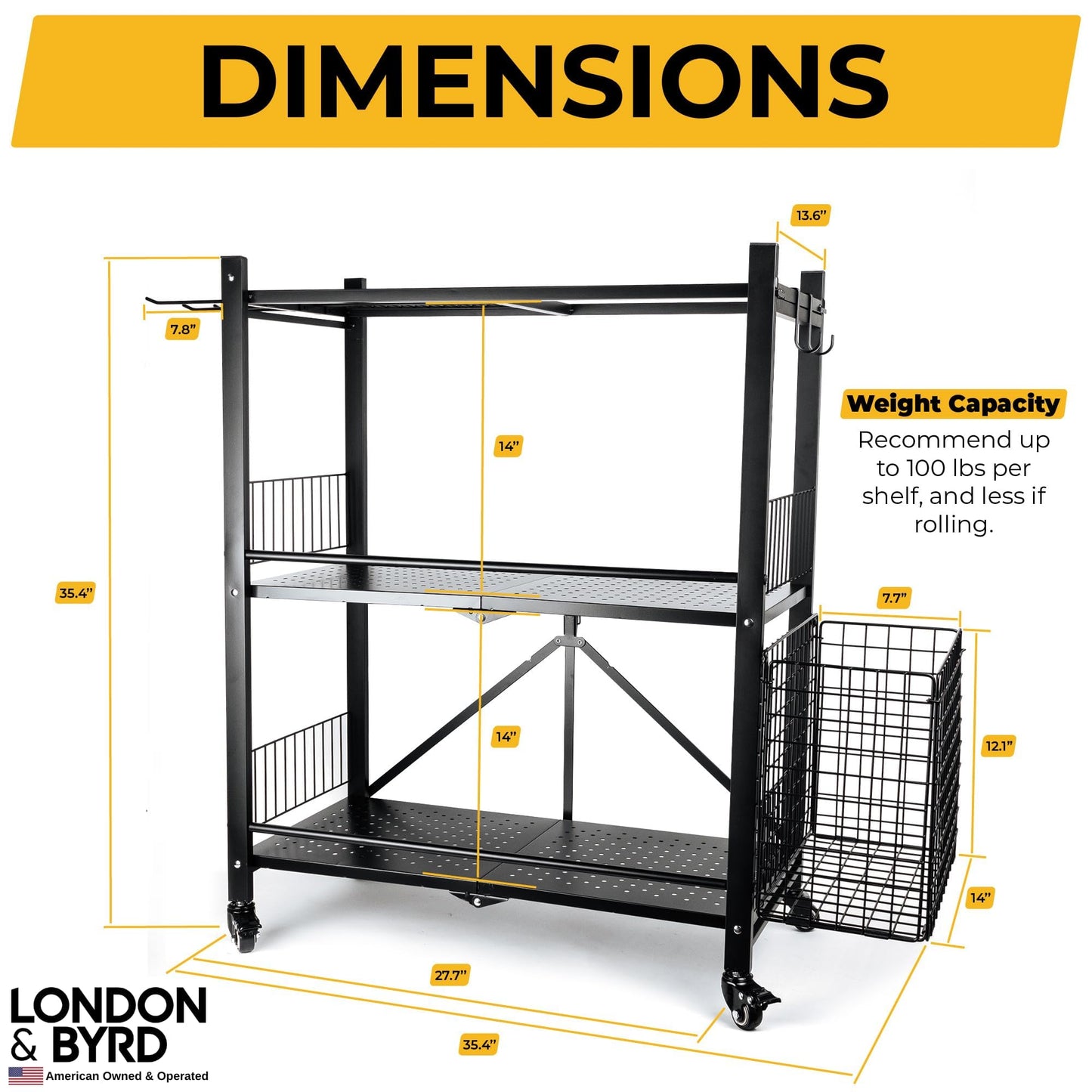 London & Byrd - No Assembly - Home Gym Storage Rack. Steel Construction, Heavy Duty Wheels, with Basket and Hooks. Great for Home Gym Equipment, Yoga mats, Kettlebells, and Small Dumbbell Storage.