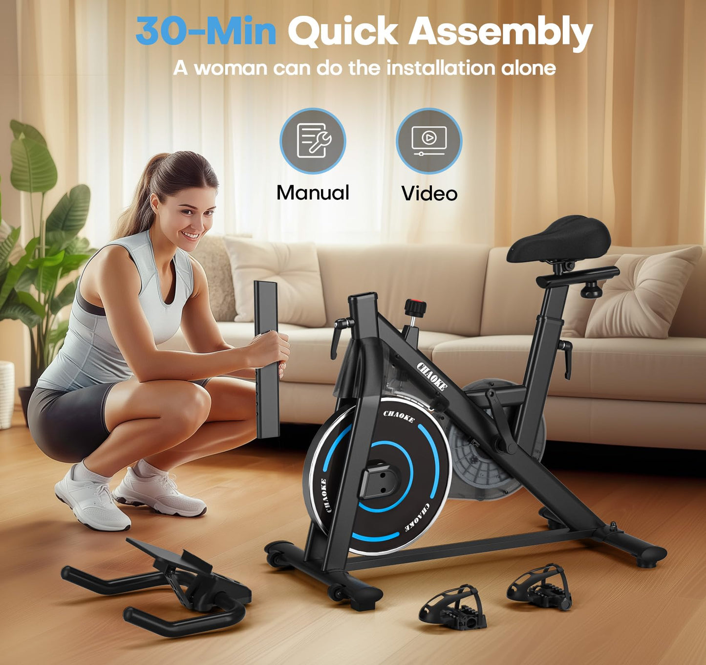 Exercise Bike, CHAOKE Quiet Adjustable Magnetic Resistance Stationary Bike for Home Cardio with App Compatible, 300LB Weight Capacity Indoor Cycling Bike with Comfortable Seat & Digital Display